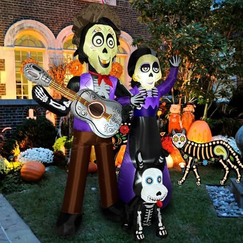 6 FT Halloween Inflatables Decoration, Blow Up Yard Decorations, Day of The Dead Spooky Sugar Skull Couple Guitar and Skeleton Dog, Dia De Los Muertos Décor with Built-in LED for Outdoor