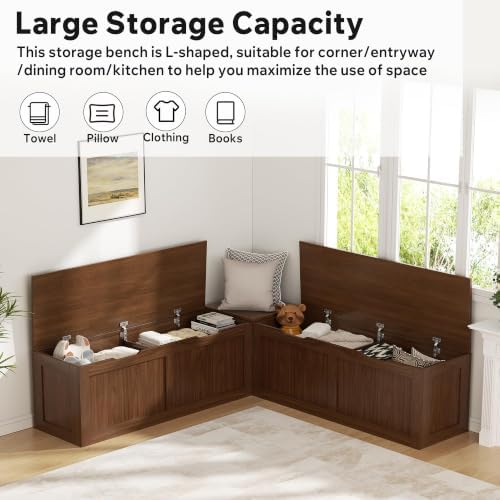 L Shaped Bench with Storage, 63" Breakfast Nook Benches, Wood Kitchen Corner Dining Bench Seating for Entryway, Dining Room, Kitchen, Walnut Brown