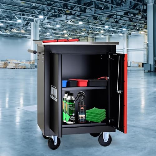 Double-Door Heavy-Duty Rolling Steel Tool Cart with Handle&Wheels, Metal Storage Organizer Cabinet, Tool Chest for Efficient Tool Storage in Garage, Warehouse, Workshop, Repair Shop, Black&RED