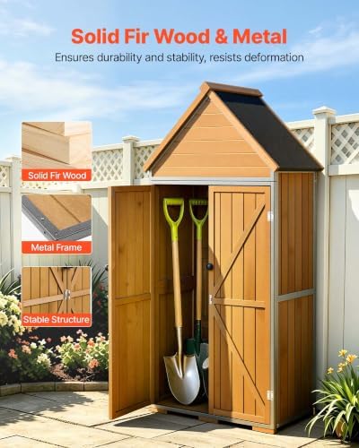 VEVOR Outdoor Storage Shed, 30" x 66.93" Wood & Metal Garden Tool Shed with Lockable Doors & Sloped Roof, Waterproof Outside Storage Cabinet with Shelves & Floor for Backyard Patio Lawn, Brown