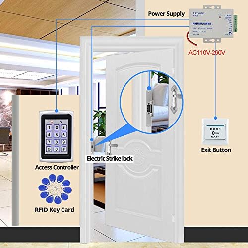 Door Access Control System Kit Set Metal RFID Keypad + DC12V 3A Power Supply Controller + NC Type Electronic Strike Locks + Door Exit Button + 10pcs Keyfobs Card