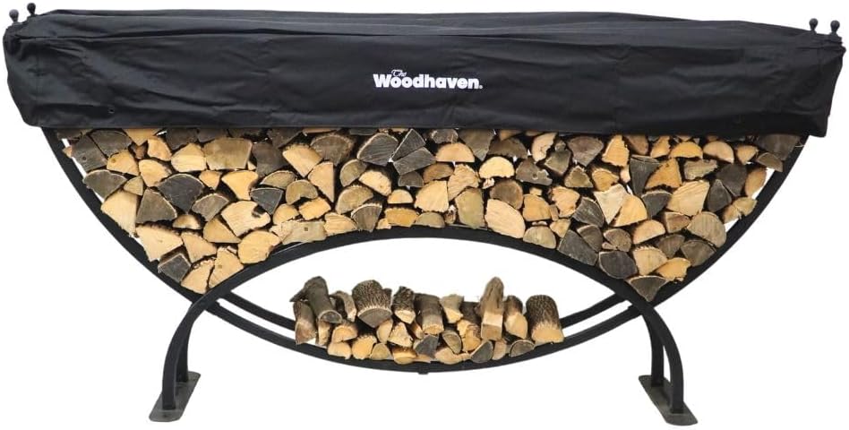 Woodhaven Large Crescent Outdoor Firewood Rack with Cover - Luxury 8 Foot Long Heavy Duty Log Storage - UV Stable Powder Coat - Made in USA - Fire Wood Holder
