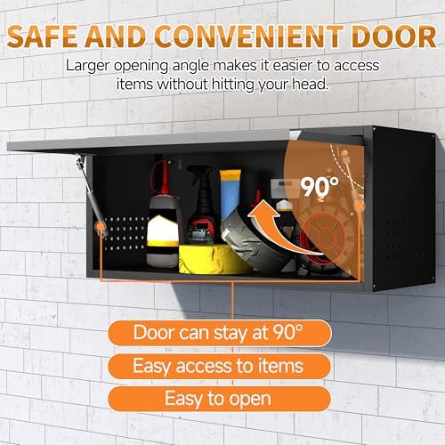 Metal Garage Wall Cabinet with Up-Flip Door,Wall-Mounted Steel Storage Cabinet, Float Tool Cabinet with Pegboard,Upper Cabinet for Kitchen,Garage,Workshop,Warehouse(13.8" H,Black&Gray)