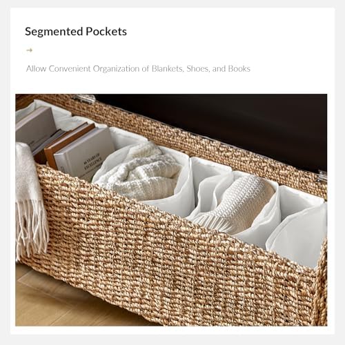 56" Rattan Storage Bench with Rolled Arms, Bohemian Farmhouse End of Bed Upholstered Benches, Interior Divided Entryway Footstool with Solid Wood Legs, Natural