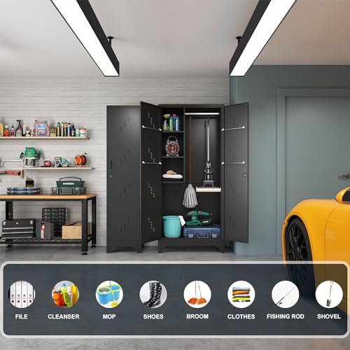 Metal Storage Cabinet, 75" Cleaning Tool Cabinet with Locking Door, Tall Storage Sheds Tool Organizer, Large Broom Cabinet for Bathroom, Laundry Room, Kitchen, Pantry, and Humid Environments
