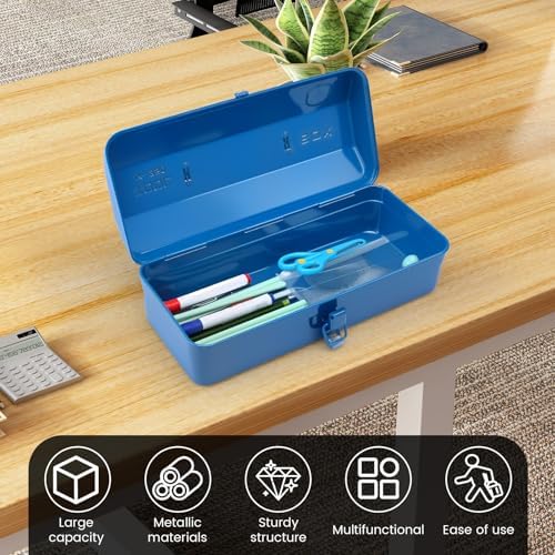 Large Metal Tool Storage Box with Handle for Workshop,15 inches Portable Tool Case with Lid，Locking Organiser Box for Hardware Part(blue)