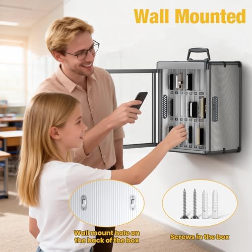 Glosen 24 Slots Cell Phone Storage Locker for Classroom, Portable Phone Locker with Key Lock & Handle, Wall Mounted Phone Lock Box for Office & School, Fits Most Smartphones Black