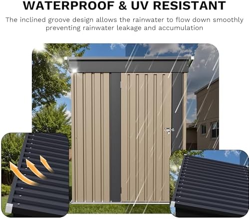JUMMICO Metal Outdoor Storage Shed 5 x 3 FT Metal Shed with Lockable Door,Waterproof Garden Tool Shed Storage House for Backyard Patio Lawn, Brown