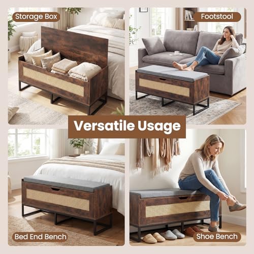 GIANTEX Rattan Shoe Bench, Flip-Top Entryway Bench with Removable Padded Seat & Hidden Storage, Wooden Shoe Storage Chest with Metal Legs for Bedroom, Hallway, 440 lbs Max Load (Rustic Brown & Black)
