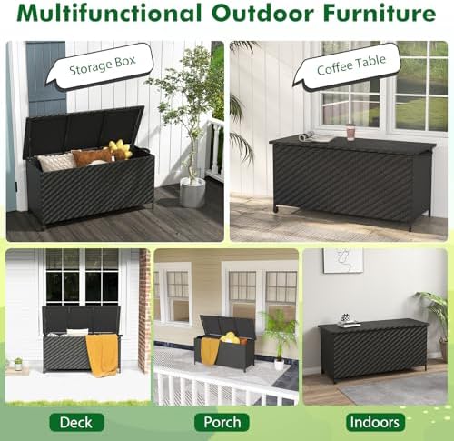 Tangkula Tightly-Woven Rattan Deck Box, Patiojoy Storage Cabinet Container with Polyester Liner, Universal Wheels & Gas Strut, 85 Gallon Indoor Outdoor Storage Box for Pillows, Cushions (Black)