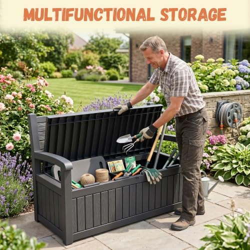 100 Gallon Outdoor Storage Bench, Lockable for Patio Furniture, Black