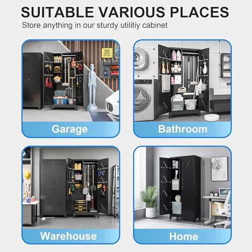 VASAAOSD Metal Garage Storage Cabinet, 75” Cleaning Tool Cabinet with Hooks and Hanging Rods, Heavy Duty Garden Tool Organizer, Broom Cabinets for Home, Garage, Laundry Room, Gym, Workshop