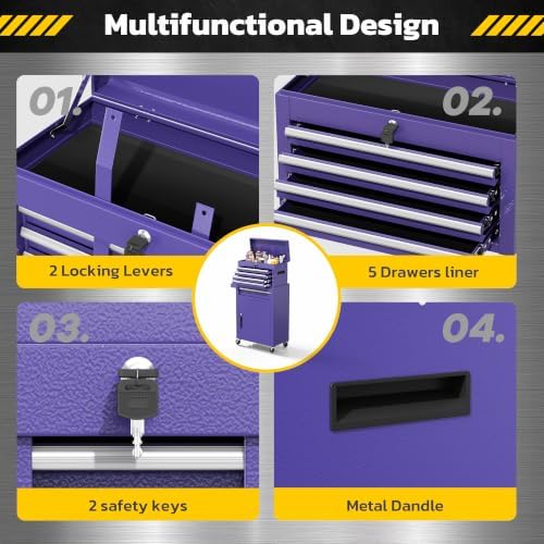 Greenvelly Tool Chest, 5-Drawer Rolling Tool Chest with Hooks and Lockable Wheels,Metal Storage Detachable Top Tool Box with Lockable Wheels for Garage,Workshop,Art Studio(Purple)