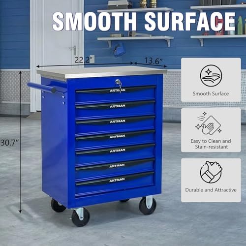 7-Drawer Rolling Tool Chest with Stainless Steel Countertop,Tool Chest with Secure Locking System,Mobile Storage Tool Cabinet with 360°Wheels and Padded Feet,for Home,Garage (Blue)