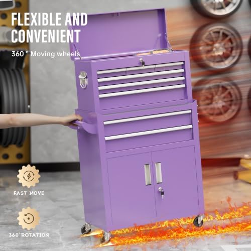 Pataku 8-Drawer Rolling Tool Chest with Wheels, 2-in-1 Detachable Tool Box Organizer, Lockable Mobile Tool Cart with Steel Cabinet & Side Rack for Garage, Workshop (Purple)