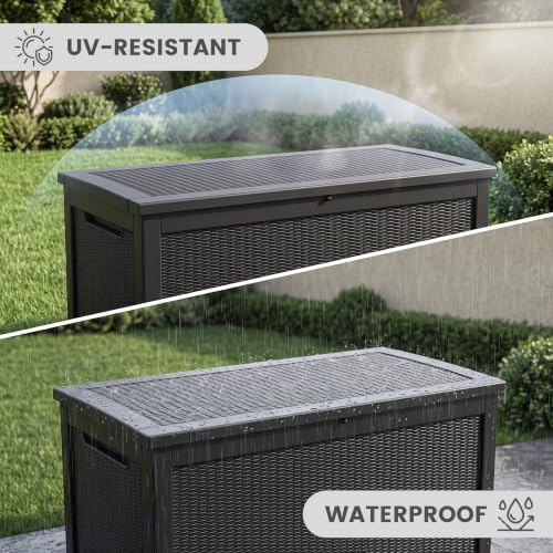 380 Gallon Outdoor Deck Box, Lockable Waterproof Outdoor Storage Boxes For Garden Tools,Indoor Cushions,Accessories Outside Storage Resin Weatherproof Container, Black