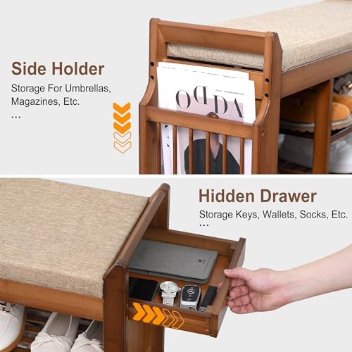PETKABOO Shoe Bench with Hidden Drawer and Side Holder, 2 Tier Entryway Bench with Storage 39.4 in, Bamboo Shoe Rack with Cushion for Entryway Hallway Living Room Bedroom