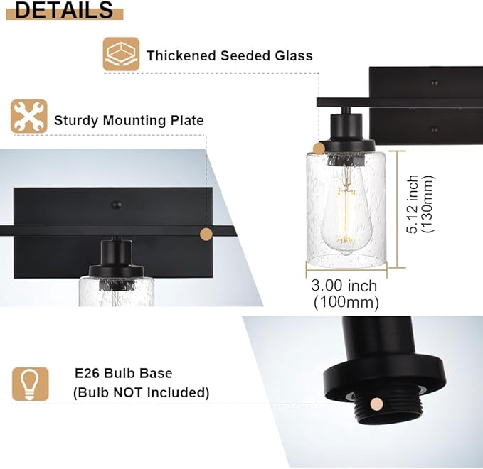 WINSHEN 6-Light Seeded Glass Vanity Light Fixtures in Matte Black Finish