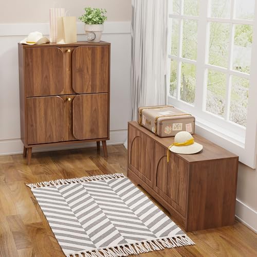 BERRYMERRY 39.4" Fluted 2 Tier Shoe Storage Bench with Shelf