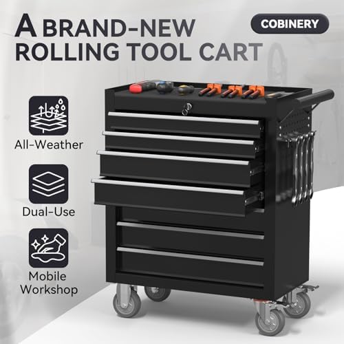 7-Drawer Rolling Tool Chest with Wheels, Metal Tool Storage Cabinet with Lock&Keys and Swivel, Toolbox with drawers, Tool Box for Warehouse,Garage, Repair Shop, Workshop (Black, 7-Drawer)
