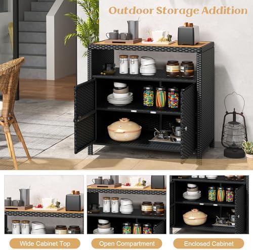 Rattan Storage Cabinet, Outdoor & Indoor Sideboards with Acacia Wood Countertop & Open Compartment, Wicker Patio Buffet Storage Bar Table for Garden Kitchen Poolside Backyard (Black)