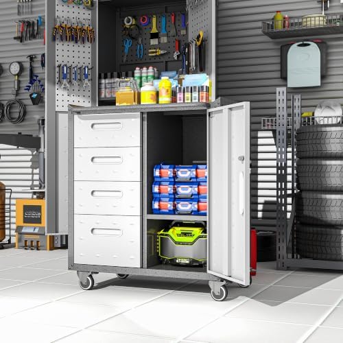 Metal Garage Storage Cabinet on Wheels, Lockable Rolling Tool Cabinet