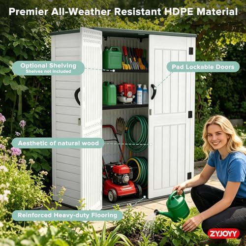 ZYJOYY Outdoor Storage Shed, 59 Cuft Outside Waterproof Storage Cabinet, HDPE Resin Plastic 385 Gallon Outdoor Storage Container, Vertical Lockable Storage Shed (Light Grey, 59 cuft/No Shelves)