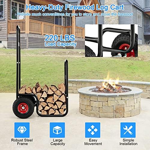 S AFSTAR Indoor Outdoor Firewood Cart, 3.6ft/44” Height Rolling Firewood Log Carrier w/All-Terrain & Shockproof Wheels, Heavy-Duty Steel Frame, Wood Storage Rack Mover, 220 lbs Weight Capacity