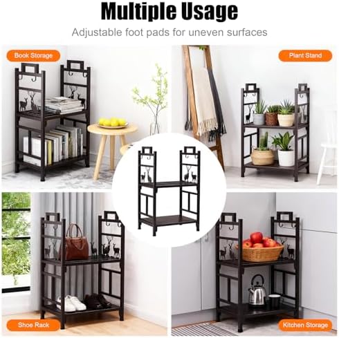Outvita 2 Tier Firewood Log Rack, Iron Lumber Storage Holder, Wood Pile Stacker Organizer for Indoor Outdoor Fireplace Fire Stove Pit With 4 Fire Tools Hanging Hooks Christmas Elements Brown