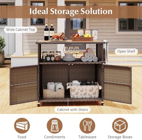HAPPYGRILL Outdoor Storage Cabinet with Wheels, PE Rattan Patio Buffet Sideboard Bar Cart for Garden, Backyard & Poolside
