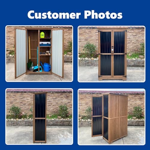 Outdoor Storage Cabinet Wood & Metal with Waterproof Roof, Garden Tool Shed with 3 Removable Shelves, 4 adjustable reinforced feet with metal brackets, 6 T-Hinge, magnetic door,15.6"D x 32.3"W x 66"H
