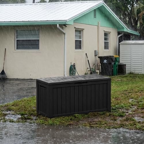 85 Gallon Outdoor Storage Deck Box Waterproof Resin Lockable Outside Bench Porch Patio Furniture Pool Float Garden Tool Cushion UV Resistant Bin Black