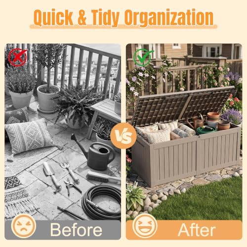 Outdoor Storage Box, 370 Gallon Waterproof Resin Deck Box with Support Rod