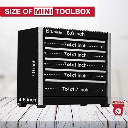 P.I.T. Mini Tool Box,Small Metal Toolbox Organizer with 5 Drawers,Black