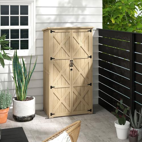Outsunny Wooden Garden Shed with Waterproof Asphalt Roof, Shelves, Natural