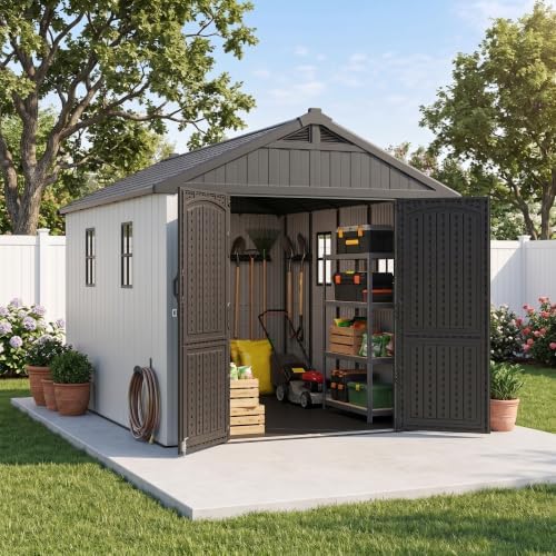 Greesum 8x12 FT Resin Outdoor Storage Shed with Floor, Beige