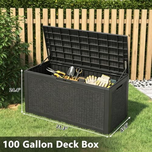 100 Gal Outdoor Storage Box Waterproof Lockable,Deck Box,Gas Lift,Black