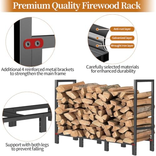 4FT Firewood Rack Indoor Outdoor with Log Carrier, Firewood Log Rack Holder with 4 Reinforced Metal Sheets for Fireplace Wood Storage, Heavy Duty Metal Pile Log Stand Stacker Holder for Patio Outdoor