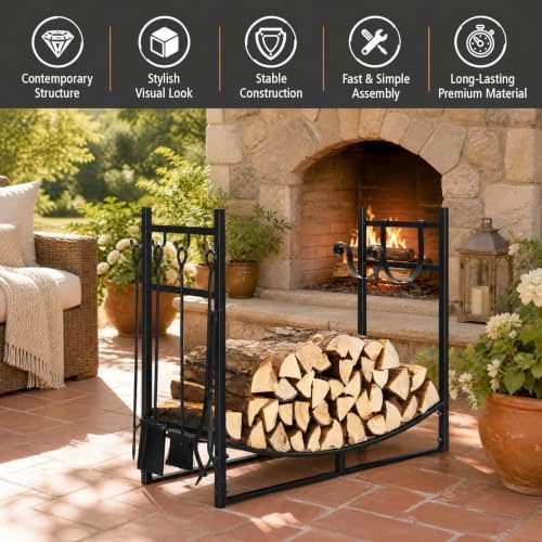 Goplus Firewood Rack Indoor, 36” Firewood Holder with 4- Piece Fireplace Tools-Shovel, Poker, Tongs, Brush, Kindling Holders, Heavy Duty Indoor Log Storage Rack, Outdoor Wood Rack for Fire Pit, Stove