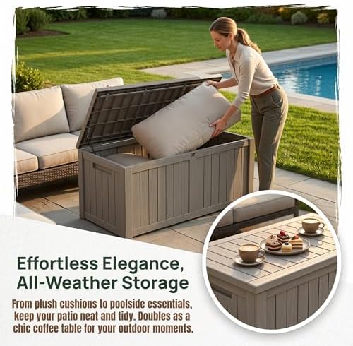 151 Gallon Large Resin Outdoor Storage Box, Waterproof Deck Box, Lockable Deck Container with Reinforced Support, Outdoor Chest for Patio Accessories, Outdoor Cushions, Garden Tools, Taupe Gray