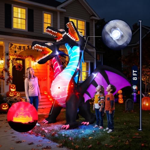 Thuodo 8 FT Tall Halloween Inflatables Dragon Outdoor Decorations Blow Up Yard Three-Headed Dragon with Built-in LEDs for Lawn Garden Holiday Indoor Party Decor