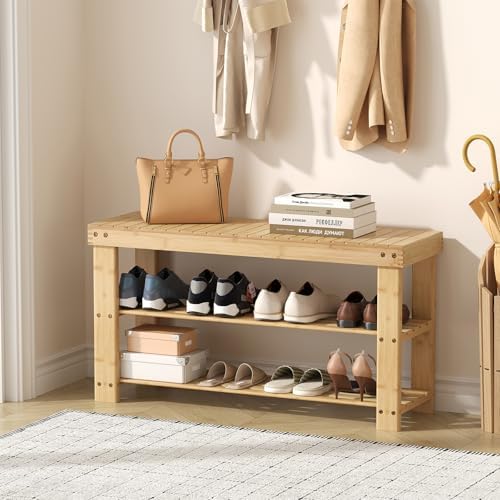 DUMOS Wooden Shoe Rack Bench, 3-Tier Bamboo Entryway Benches with Storage, Holds Up to 286 lb Storage Organizer, Suitable for Bedroom Living Room Balcony, 11.3 x 35.43 x 17.8 Inches, Natural Bamboo