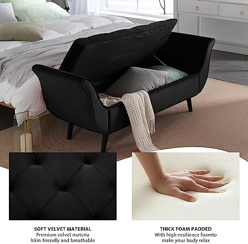 Velvet Storage Bench 65" Tufted End of Bed Ottoman with 2 Pillows (Black)