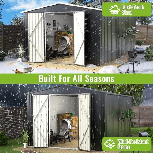 10X14 FT Outdoor Storage Shed, Durable Metal Outside Storage with Lockable Doors, Waterproof Storage Shed for Tools, Equipment, Ideal for Backyard Garden Patio Lawn