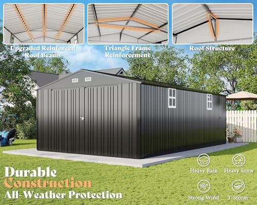 AMERLIFE 10x21x7.3 FT Metal Garage Shed with Double Hinged Doors, 4 Windows