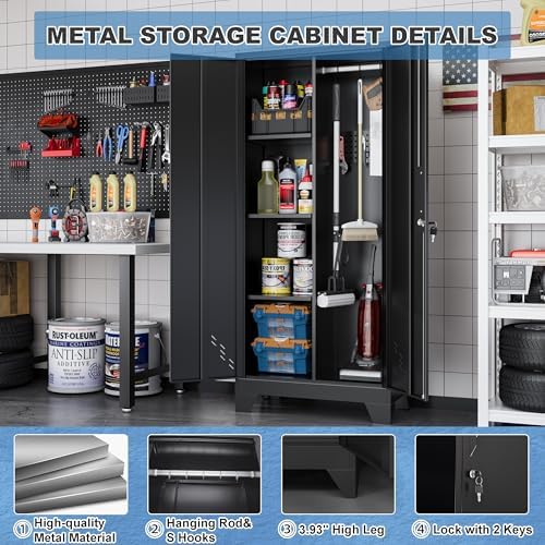 61" Metal Storage Cabinet with Lockable Door&Pegboard,Broom Closet Cabinet