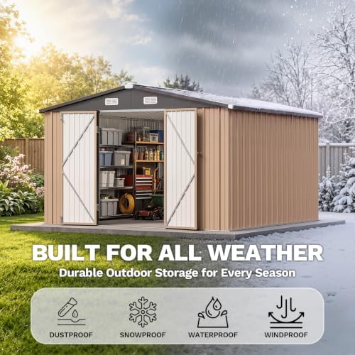 Aoxun 10x12 FT Outdoor Storage Shed with Lockable Double Door, Light Brown
