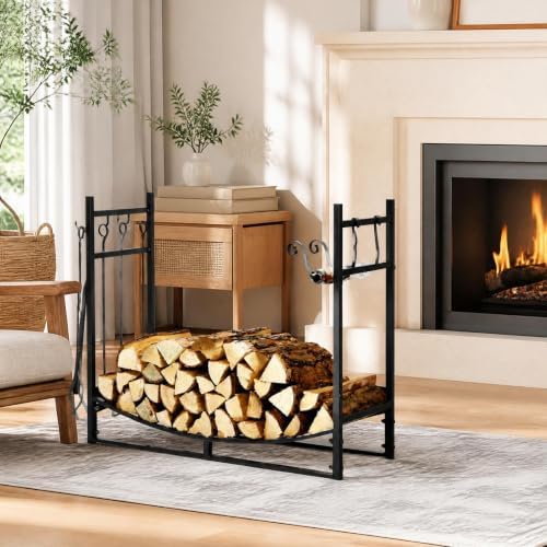 Goplus Firewood Rack Indoor, 36” Firewood Holder with 4- Piece Fireplace Tools-Shovel, Poker, Tongs, Brush, Kindling Holders, Heavy Duty Indoor Log Storage Rack, Outdoor Wood Rack for Fire Pit, Stove