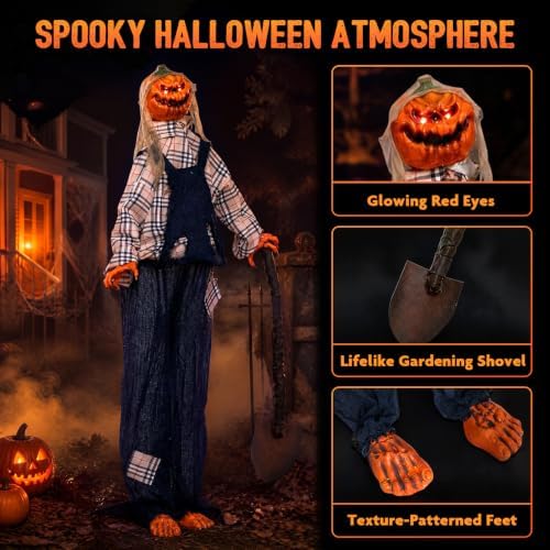 Tangkula 5.3 FT Animated Halloween Standing Pumpkin Scarecrow with Shovel