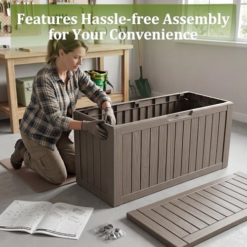 Resin Deck Box Outdoor Storage Box Waterproof for Patio Furniture,Outdoor Cushions,Garden Tools and Pool Supplies (Grey, 90 Gallon)